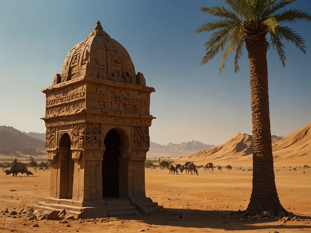 Auf dem Bild ist eine kunstvolle Struktur in der Wüste zu sehen, die wie ein altes Denkmal aussieht, umgeben von einer kargen, sandigen Landschaft mit Palmen und einer Gruppe von Kamelen in der Hintergrund. 

Wenn du eine Reise in den Sudan planst, hier sind einige Tipps:

1. **Kultur und Geschichte**: Besuche die antiken Pyramiden von Meroë, die eine faszinierende Geschichte bieten und spektakuläre Fotomöglichkeiten bieten.

2. **Essen**: Probier lokale Spezialitäten wie Ful Medames (gegarte Bohnen) und Kisra (ein Fladenbrot).

3. **Kleidung**: Da der Sudan eine heiße Wüste ist, empfehle bequeme, luftige Kleidung, die deine Haut vor Sonne schützt.

4. **Wasser und Hygiene**: Trage immer ausreichend Wasser bei dir und stelle sicher, dass du hygienisch empfindliche Lebensmittel konsumierst.

5. **Respektiere die Traditionen**: Informiere dich über die lokalen Bräuche und zeige Respekt gegenüber den Traditionen der Bevölkerung, besonders in ländlichen Gebieten.

Eine Reise in den Sudan kann eine aufregende Entdeckung von Kultur und Natur sein!