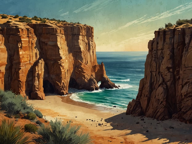 Auf dem Bild sind beeindruckende Ste cliffs zu sehen, die sich majestätisch über einen wunderschönen Strand mit türkisfarbenem Wasser erheben. Diese Landschaft erinnert an die faszinierenden Küstenregionen Somalias, wo steile Klippen und weiche Sandstrände aufeinander treffen. Die warmen, erdigen Farbtöne der Felsen könnten die einzigartigen geologischen Formationen dieser Region widerspiegeln, während das glitzernde Wasser die Schönheit der somalischen Küste betont. Solche Landschaften sind sowohl rau als auch malerisch und bieten einen atemberaubenden Anblick der Natur.