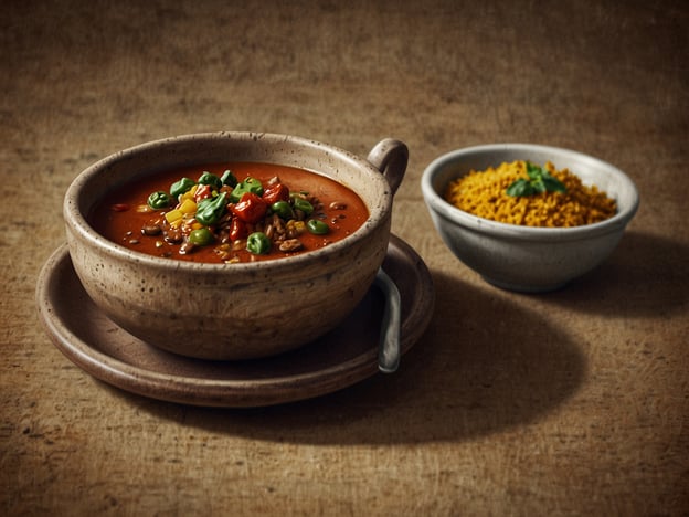 Auf dem Bild ist eine Schüssel mit einer roten Suppe zu sehen, garniert mit Gemüse wie grünen und roten Paprika sowie Erbsen. Daneben befindet sich eine kleine Schale mit goldgelbem, wahrscheinlich gewürztem Getreide oder Couscous. 

In Äthiopien sind Essen und Trinken reich an Traditionen. Typische Gerichte sind injera, ein saures Fladenbrot, und verschiedene Arten von Wats, die oft mit Fleisch, Gemüse und einer Vielzahl von Gewürzen zubereitet werden. Gewürze wie Berbere, eine Mischung aus Chili und anderen Gewürzen, sind häufige Zutaten. Zu den Getränken gehören Tee und Kaffee, wobei Kaffee in Äthopien eine besondere kulturelle Bedeutung hat.