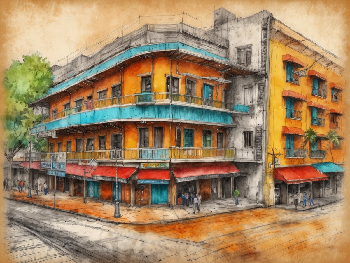 Eine bunte Straßenansicht von San José, die charmante Kolonialarchitektur zeigt. Im Vordergrund sind Menschen zu sehen, die an den Geschäften entlang der Straße spazieren. Die Gebäude sind in lebhaften Farben gestrichen, mit orangefarbenen und blauen Akzenten sowie Balkonen. Die Atmosphäre wirkt einladend und lebhaft, während Bäume und Laternen das Stadtbild ergänzen. Die gesamte Szene vermittelt ein Gefühl von kubanischem Flair und lokaler Kultur.