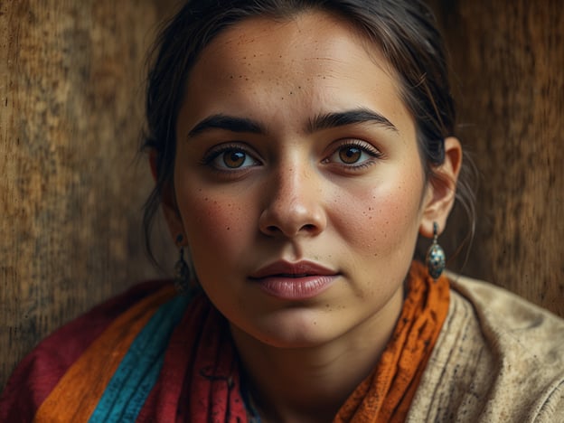 Auf dem Bild ist eine junge Frau mit einem Ausdruck, der sowohl Stärke als auch Sanftheit vermittelt. Sie trägt ein buntes Tuch, das möglicherweise traditionelle Bedeutung hat, und ihre Ohrringe könnten kulturell spezifisch sein, was auf ihre Herkunft hinweisen könnte.

In vielen Kulturen sind Tücher und Schmuck wichtige Elemente der Identität und Tradition. Sie können nicht nur den persönlichen Stil ausdrücken, sondern auch den sozialen Status, das Alter oder regionale Zugehörigkeit anzeigen. Bunte Farben wie die im Bild können oft fröhliche Anlässe oder Feierlichkeiten symbolisieren. 

Der Gesichtsausdruck der Frau könnte auch eine Geschichte oder emotionale Tiefe vermitteln, was in der Porträtkunst häufig einen zentralen Aspekt darstellt. Die Verbindung von Tradition und individueller Ausdrucksweise ist in vielen Kulturen ein wichtiger Bestandteil des sozialen Lebens.