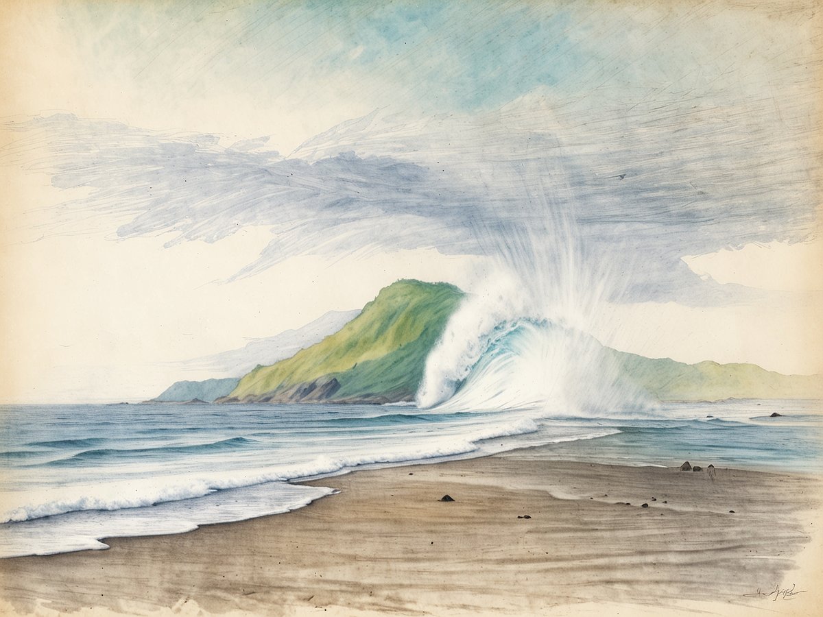 Eine sanfte Küstenlandschaft mit Wellen, die an den Strand rollen. Im Hintergrund sind grüne Hügel zu sehen, die in den Himmel übergehen. Der Himmel ist teilweise bewölkt mit sanften Blautönen. Die Szenerie wirkt friedlich und lädt dazu ein, die Schönheit von Uvita und dem Marino Ballena Nationalpark zu genießen. Hier kann man Wale bestaunen und die Wellen reiten, während die Natur in ihrer vollen Pracht erlebbar ist.
