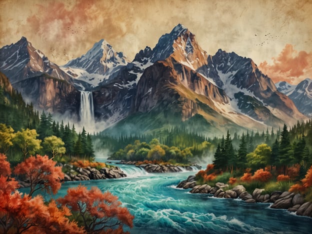 Auf dem Bild ist eine malerische Landschaft mit majestätischen Bergen zu sehen. Im Hintergrund erheben sich schneebedeckte Gipfel, während ein beeindruckender Wasserfall in einen klaren Fluss plätschert. Umgeben von dichten, grünen Wäldern gibt es lebendige Bäume mit roten und gelben Blättern, die die herbstliche Stimmung unterstreichen. Der Fluss fließt ruhig durch die Szene und fügt sich harmonisch in die natürliche Schönheit dieser beeindruckenden Landschaft ein.