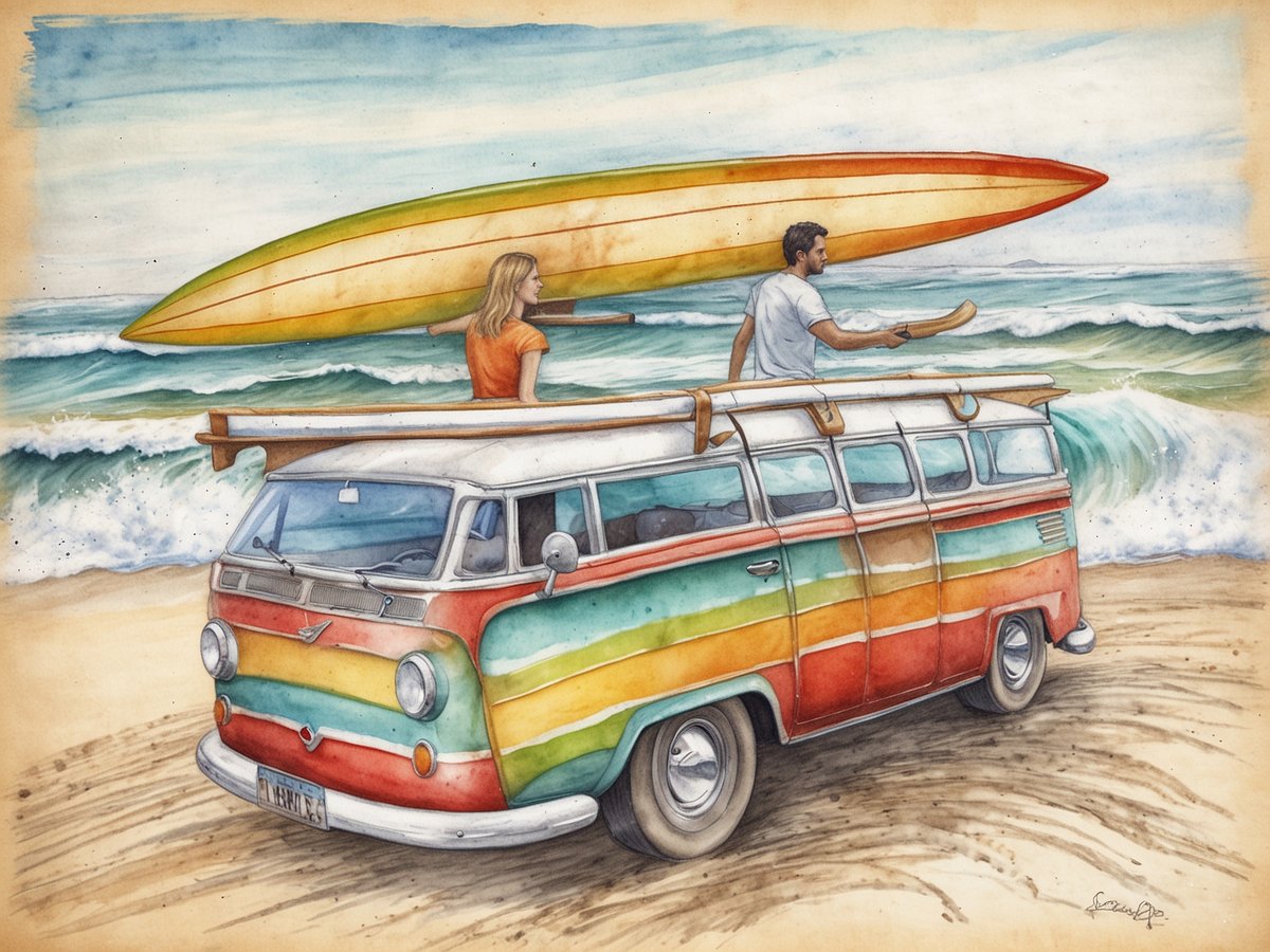 Ein bunter VW-Bus steht am Strand, während eine Frau mit einem langen Surfbrett auf dem Dach sitzt und ein Mann mit einem Paddel neben dem Bus steht. Im Hintergrund sind Wellen der Ozeans zu sehen, die sanft ans Ufer schlagen, und der Himmel ist blau mit leichten Wolken. Die Szene strahlt Urlaubsstimmung und das Lebensgefühl von Pura Vida aus.
