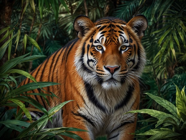 Auf dem Bild ist ein majestätischer Tiger zu sehen, der inmitten üppiger, grüner Pflanzen steht. Die außergewöhnliche Flora und Fauna der Umgebung schafft eine lebendige Kulisse, die die Schönheit und Kraft des Tieres unterstreicht. Der Tiger hat ein auffälliges, gestreiftes Fell und schaut direkt in die Kamera, was seine beeindruckende Präsenz verstärkt. Die Kombination aus dem lebhaften Grün der Pflanzen und dem kräftigen Orange des Tigers verleiht dem Bild eine faszinierende Dynamik.