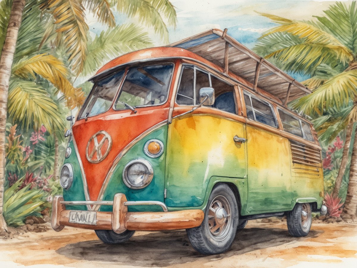 Ein bunter VW-Bus steht inmitten eines tropischen Paradieses, umgeben von hohen Palmen und üppigem Grün. Der Bus hat leuchtende Farben in Rot, Grün und Gelb, mit einem offenen Dach, das einen entspannten Eindruck vermittelt. Im Hintergrund sind bunte Blumen und eine malerische Landschaft sichtbar, die eine friedliche Atmosphäre schafft. Die Szene strahlt ein Gefühl von Freiheit und Abenteuer aus, ideal für einen Urlaub im Hippie-Stil.