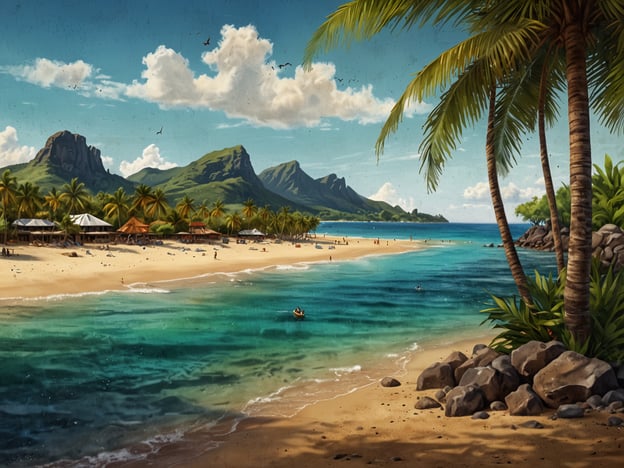 Auf dem Bild ist eine malerische Szene von Mauritius zu sehen. Die bunte Landschaft zeigt einen schönen Sandstrand, gesäumt von Palmen und umgeben von majestätischen Bergen im Hintergrund. Das klare, türkisfarbene Wasser lädt zum Schwimmen und Entspannen ein. Es scheint eine harmonische und einladende Atmosphäre zu herrschen, die die natürliche Schönheit und tropische Idylle der Insel verkörpert. Menschen genießen den Strand, was die lebendige Kultur und Freizeitaktivitäten der Einwohner widerspiegelt.