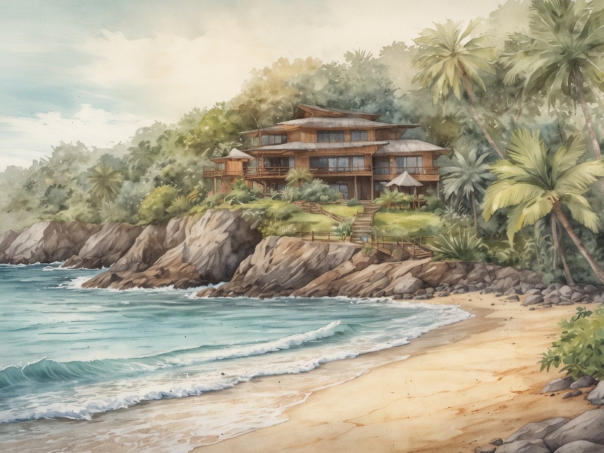 Ein modernes Haus steht am Rand einer Klippe, umgeben von üppigem grünen Wald und Palmen. Die Wellen brechen sanft am sandigen Strand, der sich im Vordergrund erstreckt. Die Szene strahlt eine ruhige und friedliche Atmosphäre aus und lädt zum Entspannen und Ausbalancieren von Yoga und Surfaktivitäten ein.