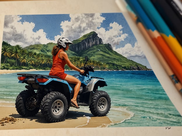 Auf dem Bild ist eine Person zu sehen, die auf einem Quad fährt. Sie befindet sich am Strand, umgeben von einem beeindruckenden Küstenpanorama mit Bergen und Palmen im Hintergrund. Die Szene vermittelt ein Gefühl von Abenteuer und Freiheit, während sie das Quad auf dem sandigen Ufer steuert. Die strahlende Sonne und der klare Himmel tragen zur erlebnisreichen Atmosphäre bei. Solche Aktivitäten sind perfekt für Abenteuerlustige, die die Natur erkunden möchten.