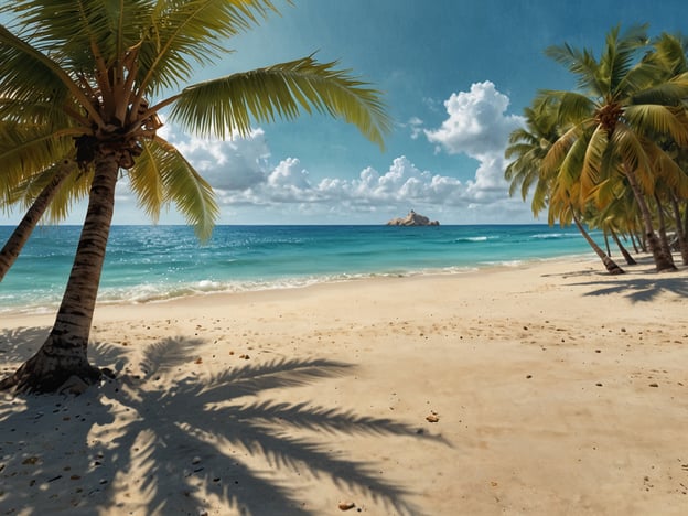 Auf dem Bild sind traumhafte Strände zu sehen. Es gibt palmengesäumte Küsten, sanften Sand und das klare, türkisfarbene Wasser des Meeres. Einige Wolken sind am Himmel, und im Hintergrund ist eine kleine Insel zu erkennen, die die idyllische Szenerie vervollständigt.