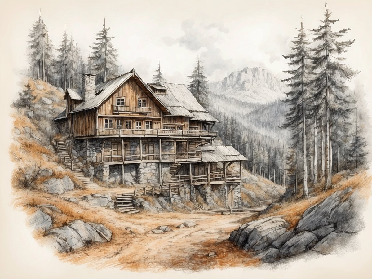 Ein altes, rustikales Holzhaus steht auf einem sanften Hang, umgeben von hohen, schlanken Tannenbäumen. Der Boden ist mit einigem gelben Gras und Steinen bedeckt. Die Fassade des Hauses zeigt eine Kombination aus Holz- und Steinmaterialien. Es hat ein schräge Dach, das in einem grauen Farbton gehalten ist. Im Hintergrund sind sanfte Bergformationen zu erkennen, die in der Dämmerung verschwommen wirken. Der Himmel ist leicht bewölkt, was der Szene eine ruhige, melancholische Atmosphäre verleiht.