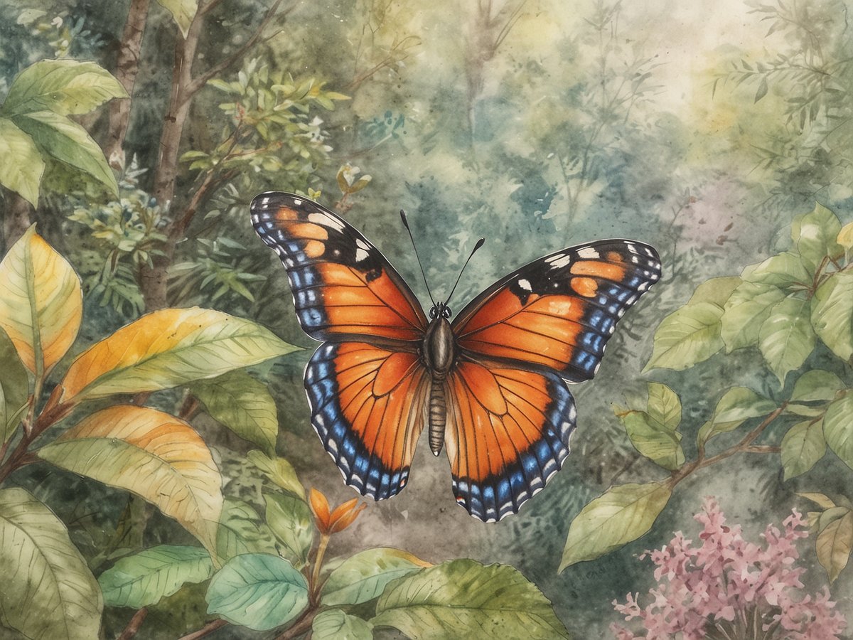 Ein leuchtend orangefarbener Schmetterling mit blauen und schwarzen Akzenten sitzt auf einem grünen Blatt, umgeben von einer üppigen, bunten Vegetation. Im Hintergrund sind sanfte grüne Töne und verschwommene Blumen zu sehen, die die farbenfrohe Pracht des Schmetterlings unterstreichen. Die natürliche Umgebung und die Details der Blätter tragen zur insgesamt harmonischen und lebendigen Atmosphäre bei.