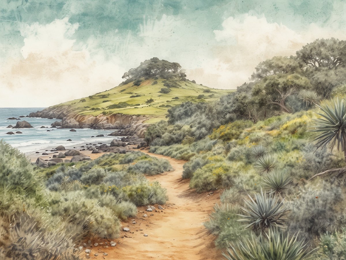 Eine malerische Landschaft im Piedras Blancas Nationalpark mit einem sanften, gewundenen Pfad, der durch üppiges, grünliches Gestrüpp führt. Links erstreckt sich der Ozean mit sanften Wellen, die gegen die gerundeten Felsen rollen. Im Hintergrund erhebt sich ein sanfter Hügel, der von Bäumen bewachsen ist, während die Wolken am Himmel eine leicht trübe Stimmung erzeugen. Die Farben sind sanft und harmonisch, was die ruhige und unberührte Schönheit des Dschungels vermittelt.