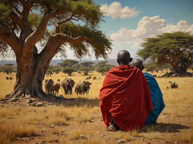 Auf dem Bild sind zwei Menschen zu sehen, die in traditioneller maasai Kleidung, einem roten und einem blauen Shuka, sitzen. Sie blicken auf eine weite Savannenlandschaft in Tansania, in der sich Elefanten und andere Tiere bewegen. Diese Szene spiegelt die enge Verbindung der Maasai mit der Natur und ihrer ursprünglichen Lebensweise wider. Die Maasai sind bekannt für ihre reiche Kultur, die traditionellen Tänze und das Handwerk umfasst. Die beeindruckenden Akazienbäume in der Landschaft sind charakteristisch für die tanzanische Savanne und tragen zur einzigartigen Schönheit der Region bei.