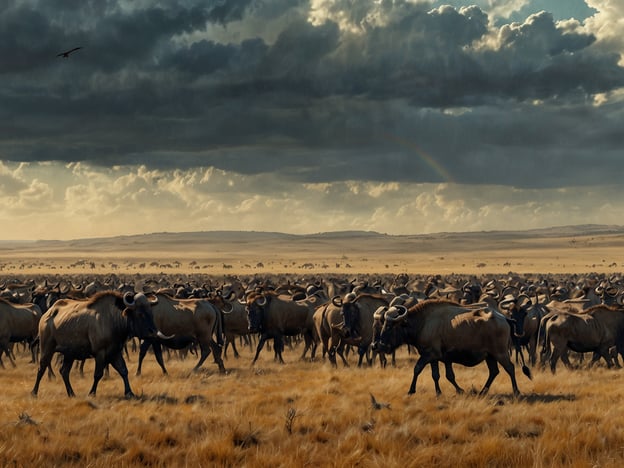 Auf dem Bild sind viele Gnus (Wildebeests) zu sehen, die in der weiten Landschaft der Serengeti umherziehen. Diese majestätischen Tiere sind Teil der großen Tierwanderung, die jedes Jahr stattfindet und eines der beeindruckendsten Naturereignisse der Welt darstellt. Die Weite der Savanne, kombiniert mit dem dramatischen Himmel und dem sanften Licht, schafft eine eindrucksvolle Atmosphäre, die die Schönheit und Wildheit der Serengeti einfängt. Die Gnus bewegen sich oft in großen Herden, was das Überleben erleichtert und sie vor Raubtieren schützt.