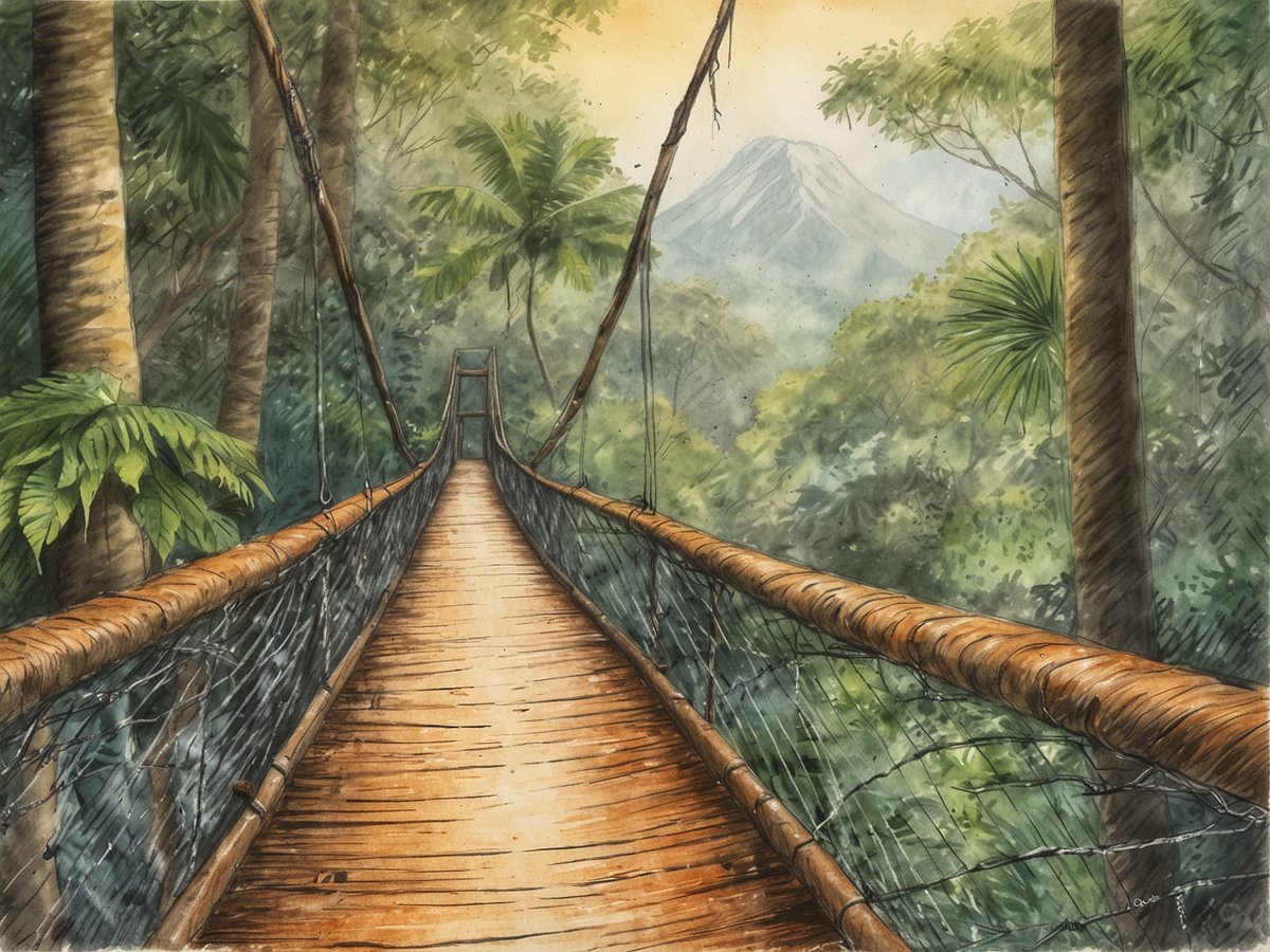 Ein hölzerner Hängebrücke verläuft durch den dichten Dschungel, umgeben von hohen Bäumen und üppigem Grün. Im Hintergrund ist ein Vulkan zu sehen, der leicht von Nebel umhüllt ist. Die Atmosphäre vermittelt ein Gefühl von Abenteuer und Erkundung inmitten der Natur. Die Brücke scheint in Richtung des Vulkans zu führen und bietet einen Blick auf die eindrucksvolle Landschaft des Arenal-Gebiets.