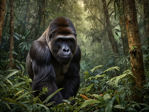 Auf dem Bild ist ein majestätischer Gorilla im dichten Dschungel zu sehen. Diese beeindruckenden Tiere sind der zentrale Bestandteil des Gorilla-Trekking-Erlebnisses, einer faszinierenden Aktivität, bei der Besucher die Möglichkeit haben, die Gorillas in ihrem natürlichen Lebensraum zu beobachten. Das Trekking führt oft durch üppige Vegetation und ermöglicht es den Teilnehmern, die Stärke und den Charme dieser Tiere aus nächster Nähe zu erleben, während sie sich in ihrer natürlichen Umgebung bewegen.