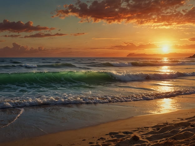 Auf dem Bild ist ein traumhafter Strand bei Sonnenuntergang zu sehen. Die sanften Wellen des Meeres rollen an das Ufer, während die untergehende Sonne den Himmel in warmen Farben erleuchtet. Diese ruhige Szene lädt zur Entspannung ein und vermittelt ein Gefühl von Frieden und Harmonie an einem perfekten Strandtag.