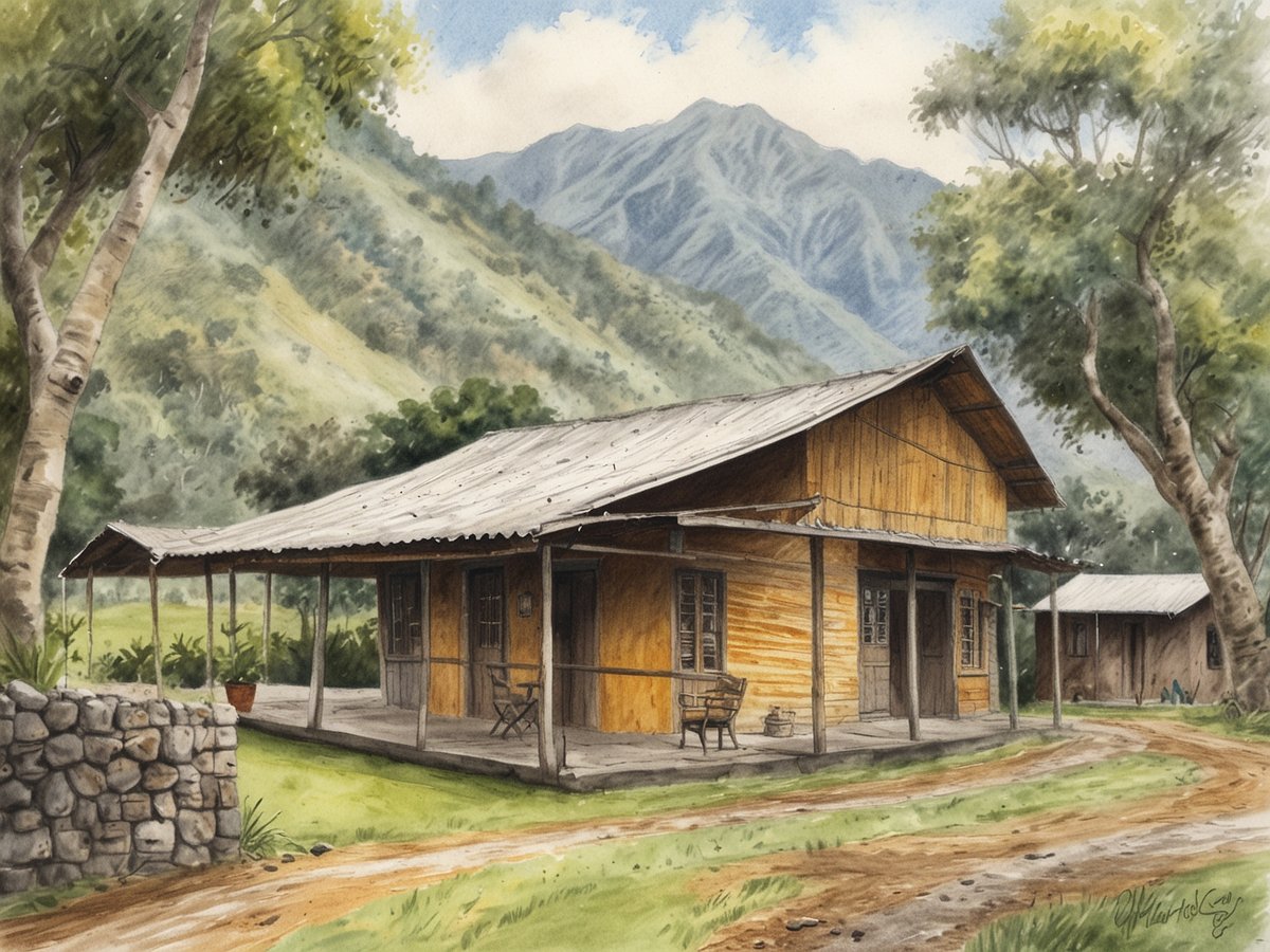 Ein rustikales Holzhaus mit einem schattenspendenden Vordach steht in der malerischen Landschaft des Orosi-Tals. Die Fassade des Hauses ist aus hellbraunem Holz gefertigt, und es sind Fenster mit Gitterläden sichtbar. Links neben der Eingangstür befindet sich ein einfacher Stuhl, der zum Verweilen einlädt. Der Weg vor dem Haus ist staubig und führt sanft durch das grüne Gras, umgeben von Bäumen und Bergen im Hintergrund. Die friedliche Atmosphäre des Ortes strahlt Kolonialcharme aus und lädt dazu ein, entspannt eine Tasse Kaffee zu genießen.
