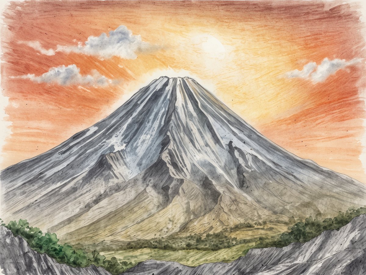 Der Irazú Vulkan erhebt sich majestätisch über eine malerische Landschaft, während die Sonne im Hintergrund untergeht und den Himmel in warme orange- und rötliche Töne taucht. Die schneebedeckte Spitze des Vulkans ist von Wandern und Felsen umgeben, während die grüne Vegetation an der Basis des Berges einen schönen Kontrast zur rauen Oberflächenstruktur bietet. Einige Wolken ziehen sanft über den Himmel und verstärken die friedliche Atmosphäre der Szene.