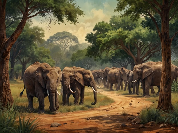 Auf dem Bild sind eine Gruppe von Elefanten zu sehen, die durch eine savannenähnliche Landschaft gehen. Diese Tiere sind ein wichtiges Symbol der afrikanischen Tierwelt und spielen eine bedeutende Rolle in der Kultur und Geschichte Simbabwes. 

Simbabwe ist bekannt für seine beeindruckenden Nationalparks, wie den Hwange Nationalpark, wo große Elefantenherden leben. Der Schutz dieser majestätischen Tiere ist entscheidend für das Ökosystem und die touristische Wirtschaft des Landes. Die Geschichten und Traditionen der einheimischen Völker sind oft eng mit diesen Tieren verbunden, und Elefanten werden als Wesen mit Weisheit und Stärke angesehen.