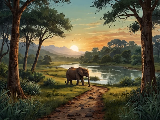 Auf dem Bild ist eine majestätische Landschaft zu sehen, die die wilde Schönheit Botswanas widerspiegelt. Im Vordergrund wandert ein Elefant entlang eines malerischen Weges, der zu einem ruhigen Fluss führt. Die üppige Vegetation und die hohen Bäume schaffen eine friedliche Atmosphäre, während die sanften Hügel und die Berge im Hintergrund die Weite der Natur betonen. Der Sonnenuntergang taucht die Szene in warmes Licht und verstärkt die Schönheit dieser unberührten Wildnis, die Botswanas einzigartige Tierwelt und atemberaubende Landschaften repräsentiert.