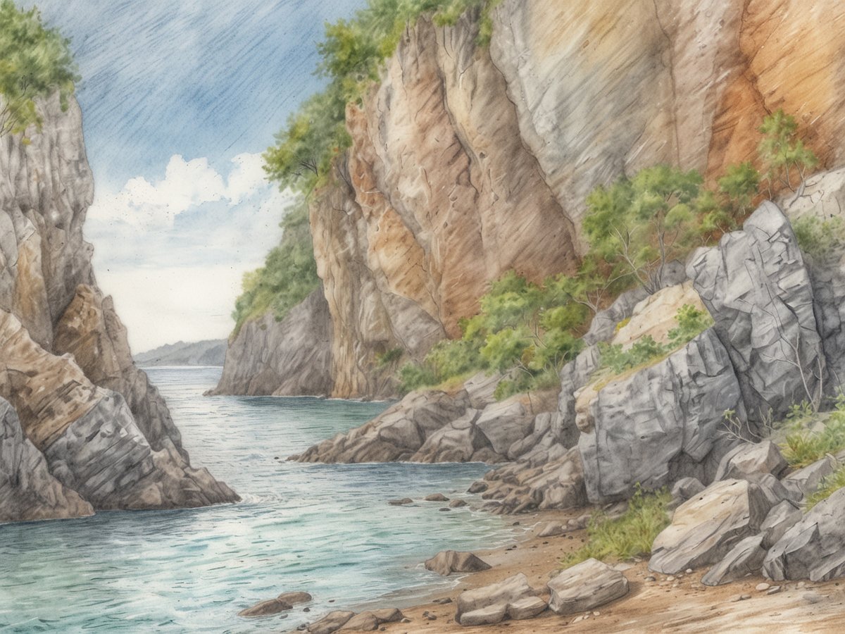 Ein malerischer Blick auf eine Küstenlandschaft mit steilen Felsen, die ins Wasser ragen. Das ruhige, klarblaue Wasser spiegelt den Himmel wider, der mit sanften Wolken bedeckt ist. An den Felsen wächst üppiges, grünes Gestrüpp, während am Ufer kleine Steine und Sand zu finden sind. Diese Szene lädt dazu ein, die geheimnisvollen Höhlen des Barra Honda Nationalparks zu erkunden.