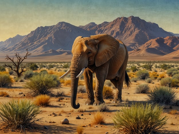 Namibia ist ein Land in Südwestafrika, bekannt für seine beeindruckenden Landschaften und eine vielfältige Tierwelt. Auf dem Bild ist ein Elefant in einer Wüstenlandschaft zu sehen, umgeben von trockenen Pflanzen und Bergen im Hintergrund. Diese majestätischen Tiere sind typisch für die afrikanische Savanne und ein wichtiger Bestandteil der Ökosysteme in Namibia. Die Darstellung zeigt die Schönheit und Einsamkeit der namibischen Landschaft, die eine Heimat für viele Arten von Wildtieren ist.