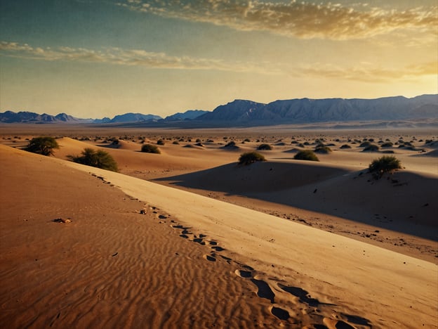 Auf dem Bild ist eine weite Landschaft der Namib-Wüste zu sehen, die sich durch ihre sanften Sanddünen und die ausgedehnte, goldene Sandfläche auszeichnet. Die Wüste wird von sanften Hügeln und Bergen im Hintergrund umrahmt, während der Himmel von warmen Farben der Abenddämmerung erfüllt ist. Diese beeindruckende Szenerie macht die Namib-Wüste zu einem unvergesslichen Erlebnis, ideal für Naturliebhaber und Abenteurer, die die Schönheit der Wüste erleben möchten.