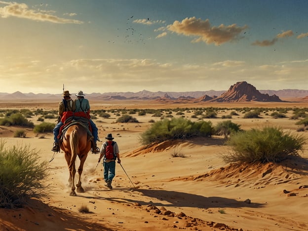 Auf dem Bild sind zwei Abenteurer in der Wüste des Erg von Kalahari zu sehen. Einer der Männer reitet auf einem Pferd, während der andere zu Fuß geht und einen Stock zur Unterstützung benutzt. Die Landschaft ist von sanften Dünen und vereinzelten grünen Sträuchern geprägt, und im Hintergrund erhebt sich ein markanter Felsen oder Berg. Die Atmosphäre vermittelt das Gefühl von Weite und Abenteuer in dieser kargen, aber gleichzeitig faszinierenden Wüstenlandschaft.