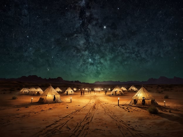 Auf dem Bild sind Zelte in einer Wüstenlandschaft zu sehen, die unter einem sternklaren Himmel liegen. Die Zelte erinnern an traditionelle Beduinenzelte und schaffen eine Atmosphäre, die mit kulturellen Höhepunkten in der Wüste verbunden ist. Diese Zeltlager könnten beispielsweise für kulturelle Festivals oder traditionelle Veranstaltungen stehen, bei denen Musik, Tanz und kulinarische Köstlichkeiten aus der Wüstenregion präsentiert werden. Die beeindruckende Nachtlandschaft und die klaren Sterne symbolisieren die Ruhe und Schönheit der Wüste, die oft als Schauplatz für kulturelle Begegnungen und spirituelle Erlebnisse dient.