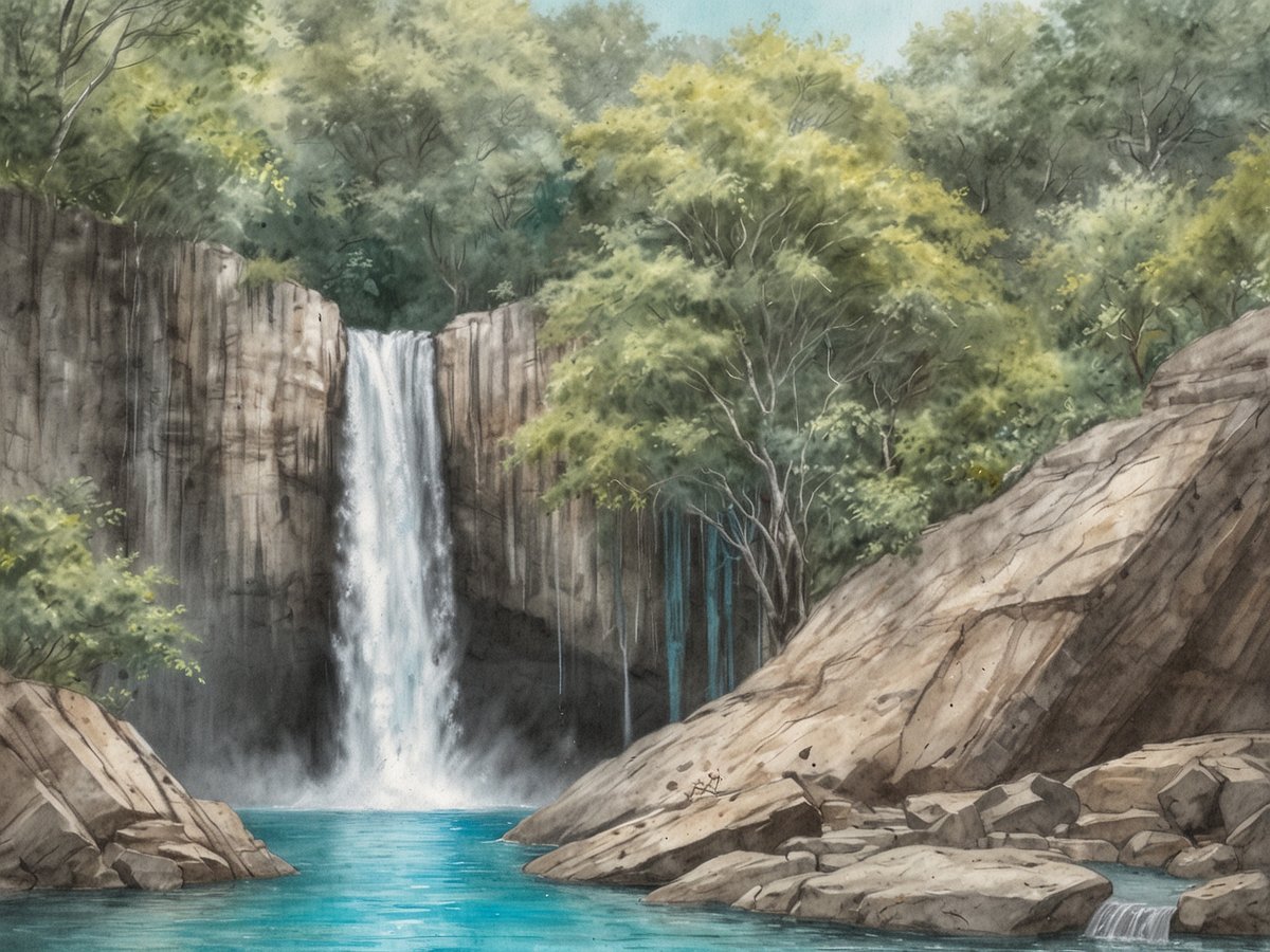 Eine malerische Landschaft mit einem Türkisfarbenen Wasserfall, der von hohen, steilen Felsen umgeben ist. Das Wasser stürzt rauschend in einen klaren, ruhigen Pool, dessen Oberfläche in sanften Wellen schimmert. Üppiges, grünes Laub umgibt die Szene, mit verschiedenen Bäumen und Pflanzen, die den Vordergrund und Hintergrund beleben. Einige große Felsen liegen am Ufer des Wassers, während die Atmosphäre friedlich und einladend wirkt, perfekt zum Baden im Erholungsgebiet Catarata Llanos de Cortés.