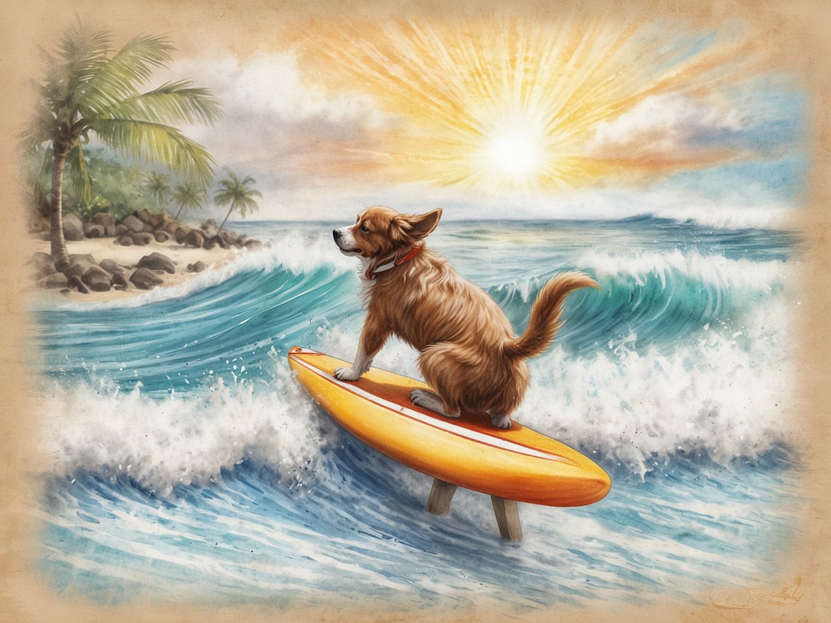 Ein Hund steht auf einem Surfbrett im Wasser und surft auf einer Welle. Im Hintergrund sind palmenbestandene Strände und ein Sonnenuntergang zu sehen, der den Himmel in warme Farben taucht. Die Atmosphäre wirkt entspannt und fröhlich, ideal für einen Tag voller Spaß am Strand.