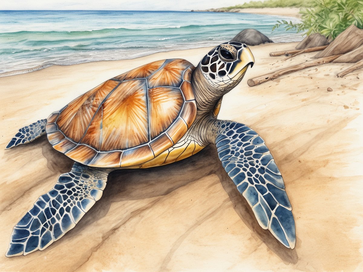 Eine Meeresschildkröte kriecht über den Sandstrand in Playa Grande. Der Hintergrund zeigt das glitzernde blaue Wasser des Meeres und den klaren Himmel. Die Schildkröte hat einen schimmernden Panzer mit orangefarbenen und braunen Mustern sowie kräftigen blauen Flossen. Die Szene vermittelt ein Gefühl von Ruhe und natürlicher Schönheit, ideal um Meeresschildkröten hautnah zu erleben.
