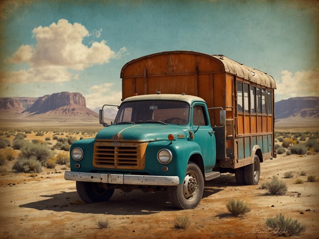 Auf dem Bild ist ein älterer Lastwagen zu sehen, der in einer landschaftlich reizvollen, wüstenähnlichen Umgebung steht. Der Truck hat eine auffällige grüne Farbe mit einer Holzkabine auf der Rückseite, die wahrscheinlich als Transportmittel für Passagiere oder Güter genutzt wird. Im Hintergrund sieht man Berge und vereinzelte Pflanzen, was auf eine abgelegene Gegend hindeutet. Solche Fahrzeuge sind oft in ländlichen Regionen anzutreffen, auch in Nigeria, wo sie für den Transport von Menschen und Waren in Gebieten eingesetzt werden, die möglicherweise nicht gut mit anderen Verkehrsmitteln erschlossen sind.