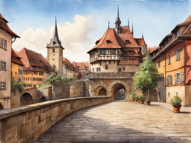 Auf dem Bild ist eine malerische europäische Stadtlandschaft zu sehen, die an das romantische Flair von Heidelberg erinnert. Es zeigt alte, charmante Gebäude mit roten Dächern, die einladend entlang einer gepflasterten Straße stehen. Ein beeindruckender Turm erhebt sich in der Mitte, und das gesamte Szenario wird durch die sanfte Beleuchtung und den blauen Himmel mit einigen Wolken akzentuiert. Diese Szenerie strahlt eine nostalgische Schönheit und geschichtsträchtige Atmosphäre aus, die typisch für viele alte deutsche Städte ist.