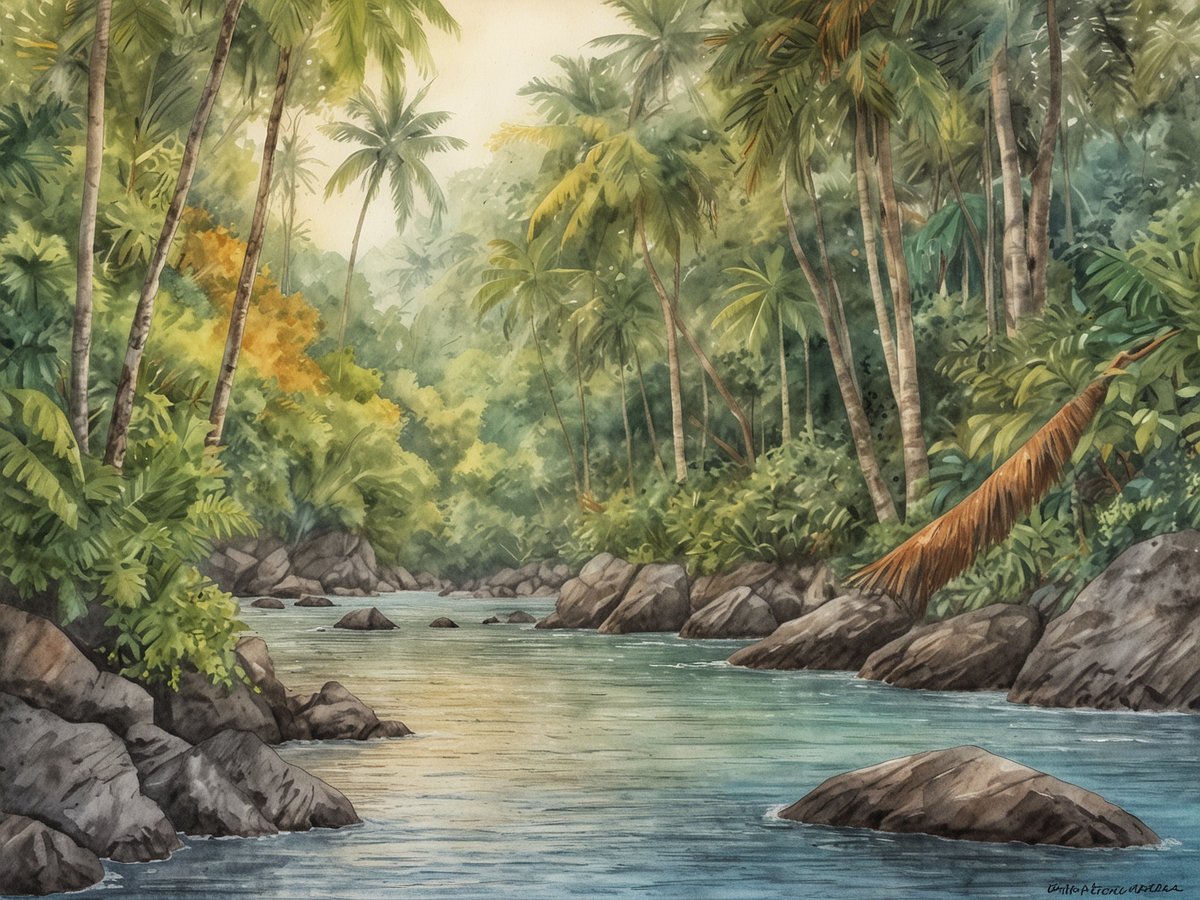 Eine malerische Dschungellandschaft in Puerto Jiménez zeigt einen ruhigen Fluss, der sich durch üppiges Grün schlängelt. Dichte Palmen und exotische Pflanzen umrahmen das Wasser, während große, glatte Steine am Ufer liegen. Das Licht scheint sanft durch das Blätterdach und verleiht der Szene eine friedliche Atmosphäre. Ideal für ein Dschungel-Abenteuer in Costa Rica.