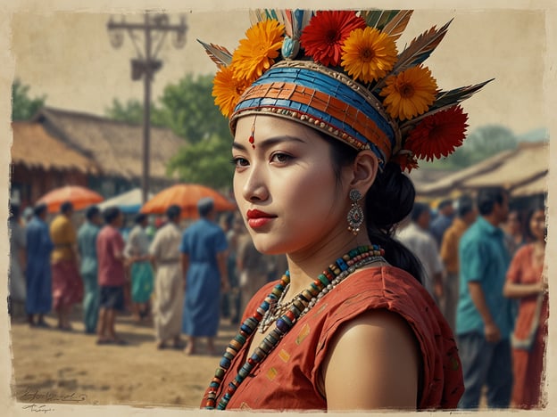 Auf dem Bild ist eine Frau in traditioneller Kleidung zu sehen, die mit bunten Blumen und Schmuck geschmückt ist. Diese Kleidung und die Kopfbedeckung könnten auf ein kulturelles Fest oder eine Zeremonie hinweisen, die oft in vielen Kulturen stattfinden, um Traditionen zu feiern, Gemeinschaft zu stärken und das Erbe lebendig zu halten. Solche Feste könnten mit landwirtschaftlichen Ernten, religiösen Ereignissen oder historischen Feierlichkeiten verbunden sein. Die lebhaften Farben und die geschmückten Teilnehmer deuten auf eine festliche Atmosphäre hin, die typisch für solche traditionellen Bräuche ist.