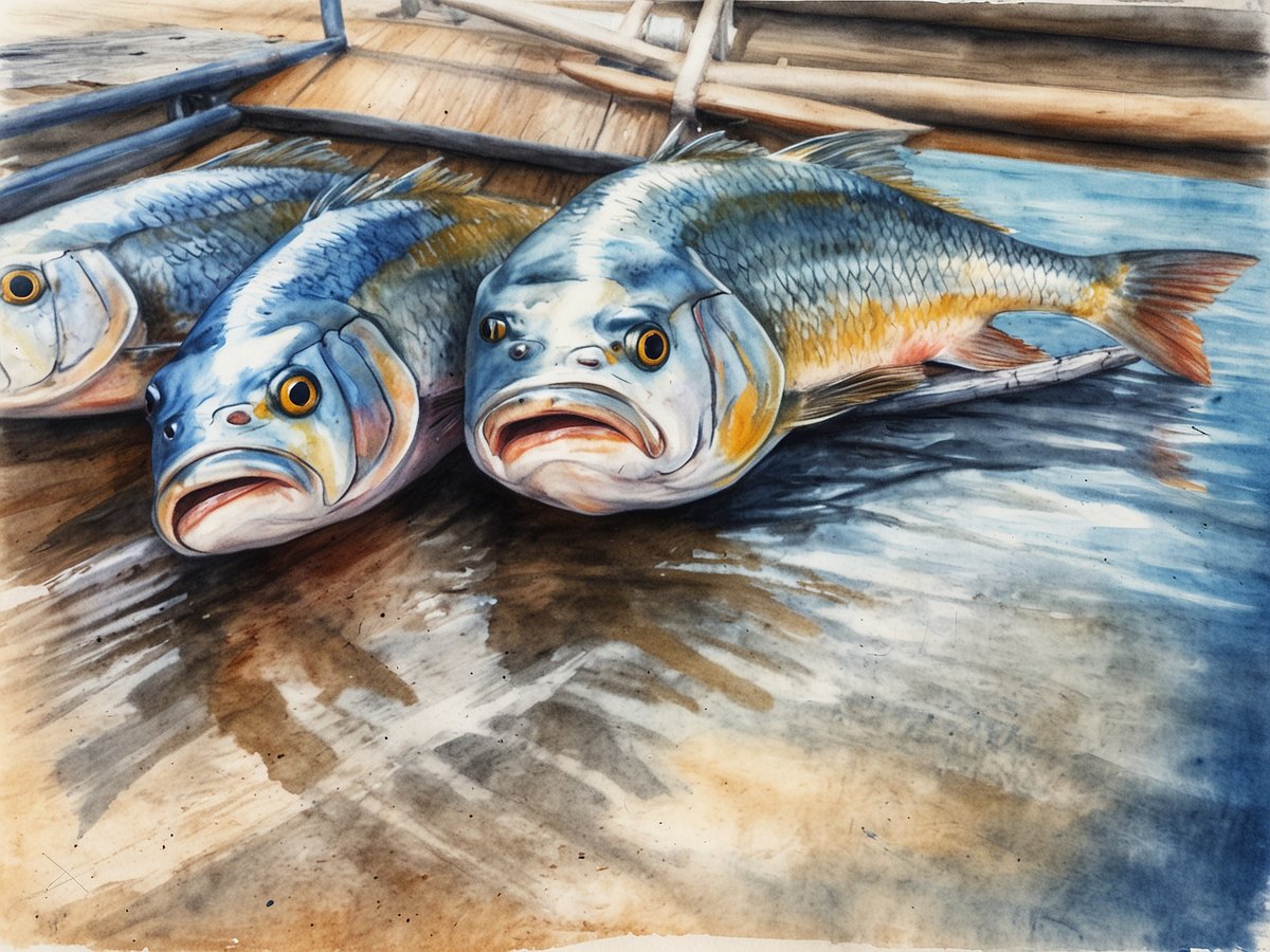Frische Fische liegen am Hafen von Puntarenas. Die Fische sind groß, mit leuchtenden Körpern und auffälligen Augen, und sie liegen auf einem holzbeplankten Boden. Der Wasserspiegel reflektiert die Farben der Fische und die Umgebung.
