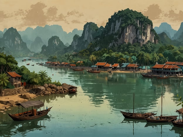 Auf dem Bild ist eine malerische Landschaft zu sehen, die typisch für Vietnam sein könnte. Es gibt grüne Berge im Hintergrund, die von Wolken umhüllt sind, und majestätische Karstformationen, die von Wasser umgeben sind. Im Vordergrund sieht man mehrere traditionelle Boote auf einem ruhigen Gewässer, während sich am Ufer kleine Häuser und Hütten mit roten Dächern befinden. Die üppige Vegetation und die ruhige Atmosphäre vermitteln ein Gefühl von Frieden und natürlicher Schönheit, das häufig mit den Küstenregionen Vietnams assoziiert wird.