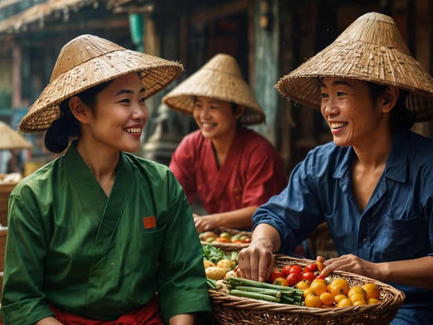 Auf dem Bild sind drei Frauen zu sehen, die in einem traditionellen Marktsetting zusammenarbeiten. Sie tragen typische, breitkrempige Hüte, die oft in asiatischen Kulturen verwendet werden, um sich vor Sonne und Regen zu schützen. Ihre Kleidungsstücke sind farbenfroh und reflektieren lokale Traditionen.

Die Frauen interagieren freundlich und scheinen Gemüse und Früchte zu verkaufen oder auszutauschen, was auf die Bedeutung von Gemeinschaft und Zusammenarbeit in vielen Kulturen hinweist. Solche Märkte sind oft Orte, an denen kulturelle Vielfalt lebendig wird, da verschiedene Lebensmittel und Traditionen aus den jeweiligen Regionen zusammenkommen. 

Die Szene vermittelt ein Gefühl von Lebendigkeit und Zusammengehörigkeit, das in vielen traditionellen Gemeinschaften zu finden ist, wo der Handel und das Teilen von Nahrungsmitteln nicht nur eine wirtschaftliche, sondern auch eine soziale Funktion haben.