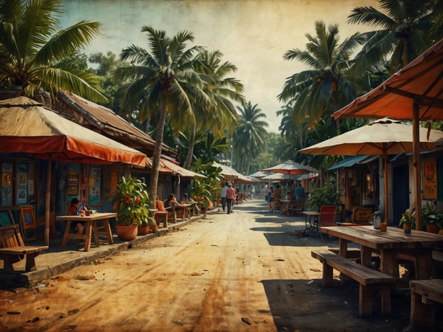 Auf dem Bild ist eine malerische Straße in Thailand zu sehen, die von Palmen gesäumt ist. Entlang der Straße stehen kleine, bunte Läden und Cafés mit Sonnenschirmen. Es scheint eine entspannte Atmosphäre zu herrschen, wobei mehrere Menschen an Tischen sitzen oder die Straße entlang spazieren. Der erdige Boden und die warmen Farben verleihen der Szene einen rustikalen Charme, der typisch für viele thailändische Märkte und Küstenorte ist.