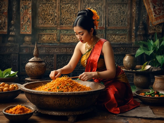 Das Bild zeigt eine Frau, die in traditioneller thailändischer Kleidung, wahrscheinlich einem Sarong, in einer kulturell inspirierenden Umgebung arbeitet. Sie ist mit Schmuck und einem Blumenschmuck im Haar geschmückt, was in der thailändischen Kultur häufig zu besonderen Anlässen getragen wird. 

Vor ihr befinden sich große Schalen mit zubereiteten Speisen, möglicherweise thailändischen Nudelgerichten. Die Umgebung mit kunstvoll verzierten Wänden und Terrakottagefäßen deutet auf ein historisches oder traditionelles Setting hin, das die thailändische Kochkunst und Gastfreundschaft widerspiegelt. Die Szenerie strahlt eine Verbindung zur thailändischen Tradition und Kulinarik aus.