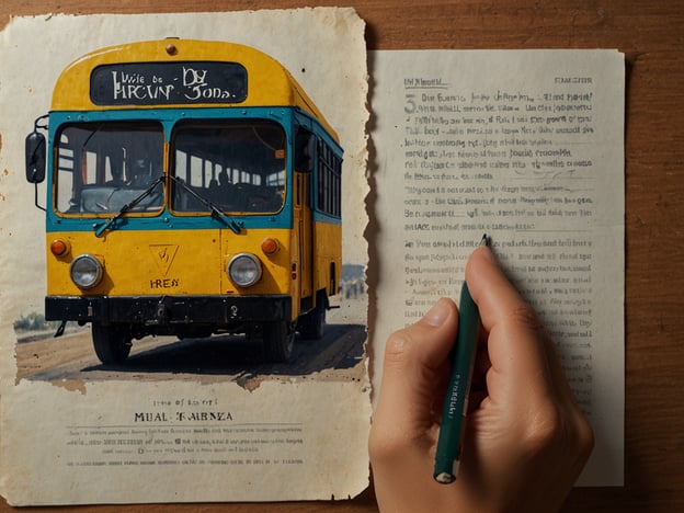 Auf dem Bild ist ein gelber Bus zu sehen, der nostalgisch aussieht und auf einem Papierhintergrund steht, der wie ein altes Dokument aussieht. Der Bus hat eine besondere Beschriftung mit einem handgeschriebenen Text, der an eine Reise oder ein Abenteuer erinnert. 

### Praktische Tipps für Reisende:

1. **Transportmöglichkeiten**: Überlege dir, den öffentlichen Verkehr zu nutzen, besonders Busse oder lokale Transportmittel, um authentische Erfahrungen zu sammeln und die Kultur besser kennenzulernen.

2. **Dokumentation**: Halte deine Erlebnisse fest. Notiere wichtige Informationen, Adressen oder Tipps lokal ansässiger Personen – das kann äußerst hilfreich sein.

3. **Sprache**: Wenn möglich, lerne ein paar grundlegende Sätze in der Landessprache. Dies kann dir helfen, besser mit Einheimischen zu kommunizieren und dir den Aufenthalt zu erleichtern.

4. **Kulturelle Sensibilität**: Informiere dich über lokale Traditionen und Bräuche, um Respekt zu zeigten und Missverständnisse zu vermeiden.

5. **Planung von Reisen**: Plane deine Routen im Voraus, um Zeit zu sparen, aber sei auch flexibel genug, um spontan neue Ziele zu entdecken.

Viel Spaß beim Reisen!