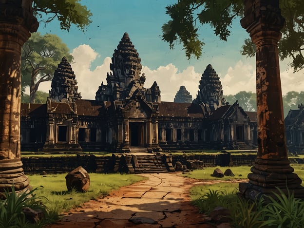 Die Wunder von Angkor Wat sind ein herausragendes Beispiel für die architektonische und kulturelle Pracht der Khmer-Zivilisation. Angkor Wat ist der größte religiöse Tempelkomplex der Welt und beeindruckt durch seine massive Struktur und kunstvollen Verzierungen.

Das Bild zeigt eine beeindruckende Tempelanlage mit mehreren hohen Türmen, die nach oben ragen. Umgeben von üppigem Grün und großen Bäumen erstreckt sich ein Weg, der durch die Landschaft führt und den Besucher zu den monumentalen Gebäuden leitet. Die Steinarbeiten und die Säulen verleihen dem Ort eine majestätische und geheimnisvolle Atmosphäre, die die Schönheit und den kulturellen Reichtum von Angkor Wat widerspiegelt.