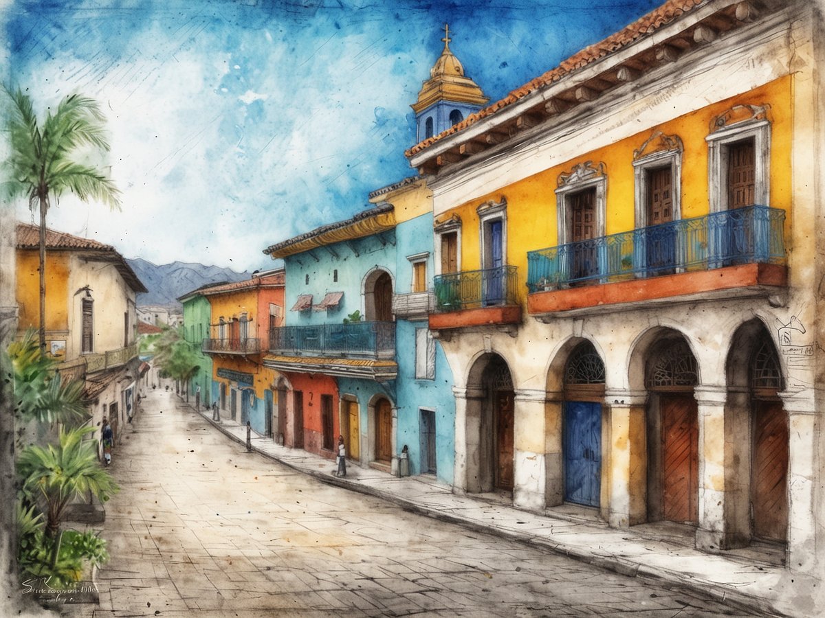 Ein malerischer Blick auf eine breite, schattige Straße in einer farbenfrohen Stadt. Die Gebäude zeigen eine Mischung aus warmen Farben wie Gelb, Orange und Blau und besitzen traditionelle Balkone. Im Hintergrund sind sanfte Berge zu sehen, während Palmen die Straße säumen. Einige Fußgänger sind unterwegs und verleihen der Szene Leben. Der Himmel ist klar mit sanften blau und weißen Wolken, was die freundliche Atmosphäre unterstreicht.