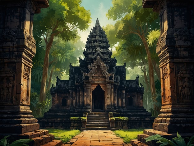 Auf dem Bild ist eine majestätische Tempelanlage zu sehen, die stark an die Architektur und Gestaltung von Angkor Wat erinnert. Die imposanten Türme und die kunstvoll gestalteten Fassaden, die mit komplexen Reliefs verziert sind, spiegeln die klassische khmerische Bauweise wider. Umgeben von üppiger Vegetation präsentiert sich der Tempel harmonisch in der Natur, was auf die spirituelle Verbindung der Architektur zur Umgebung hinweist. Die Stufen führen zum Eingang, was typisch für die Zeremonialarchitektur der Region ist, und der gesamte Aufbau strahlt eine Atmosphäre der Erhabenheit und des Glaubens aus.