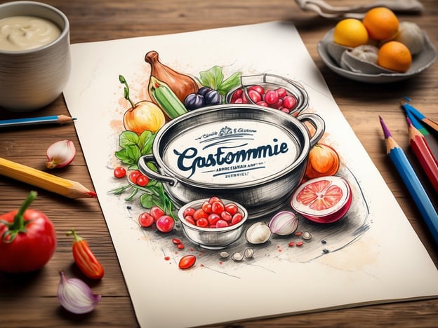 Auf dem Bild ist eine künstlerische Darstellung von verschiedenen Lebensmitteln zu sehen. Im Mittelpunkt steht ein Topf mit dem Namen "Gastrommie". Rund um den Topf sind verschiedene Gemüse und Früchte angeordnet, darunter Tomaten, Zwiebeln, Paprika, eine Orange und ein Grapefruit. Es sind auch einige Schreibutensilien wie Buntstifte zu sehen, die darauf hinweisen, dass es sich um ein kreatives Projekt handeln könnte. In der Umgebung sind einige zusätzliche Teller und Schalen mit weiteren Früchten oder Zutaten platziert.