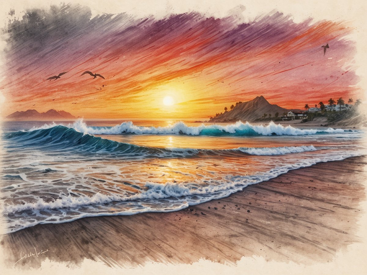 Ein atemberaubender Sonnenuntergang am Strand von El Tunco, mit sanften Wellen, die an den goldenen Sand plätschern. Der Himmel ist in warmen Orangetönen und sanften Violetts gefärbt, während die Sonne langsam hinter den Bergen am Horizont verschwindet. Vögel fliegen über das Wasser, und im Hintergrund sind einige palmenbestandene Strukturen zu sehen, die dem tropischen Paradies Flair verleihen. Die Szenerie strahlt Ruhe und Naturverbundenheit aus, ideal für Surfer und Strandliebhaber.