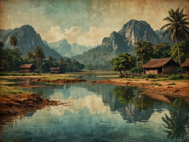 Auf dem Bild ist eine malerische Landschaft in Laos zu sehen. Es gibt ruhig fließendes Wasser, das die Umgebung widerspiegelt, sowie grüne Palmen und dichte Vegetation. Im Hintergrund erheben sich majestätische Berge, die die Szenerie umrahmen. An den Ufern stehen traditionelle, aus Holz gebaute Hütten, die in die natürliche Umgebung integriert sind. Diese Darstellung vermittelt eine friedliche und idyllische Atmosphäre, die für die ländlichen Regionen Laos typisch ist.